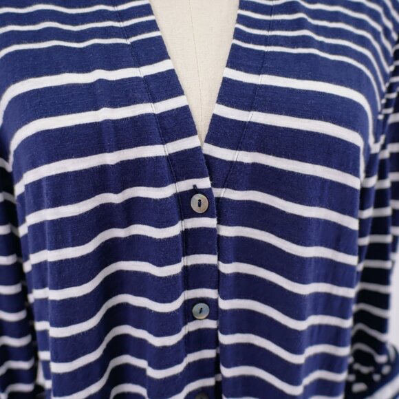 Chicos XL Top Size 3 Blue White Button Front Striped Rolled Tab Collared Long Sl - Picture 2 of 10